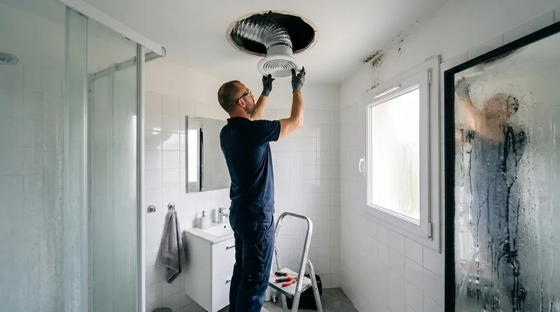 Technicien posant une bouche de ventilation au plafond d'une salle de bain